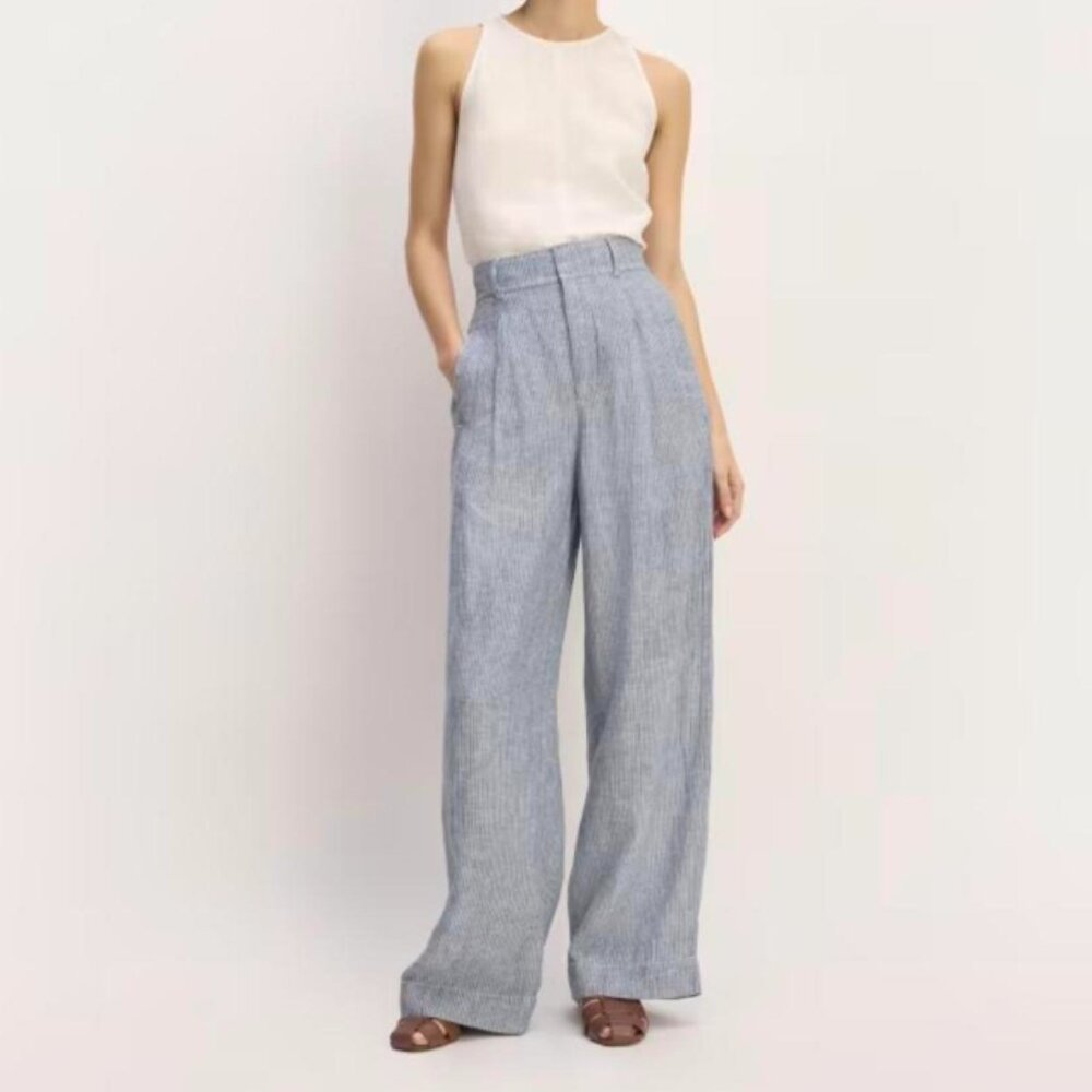 ✅ Everlane The Linen Way-High Drape Pant, White/Blue (4)